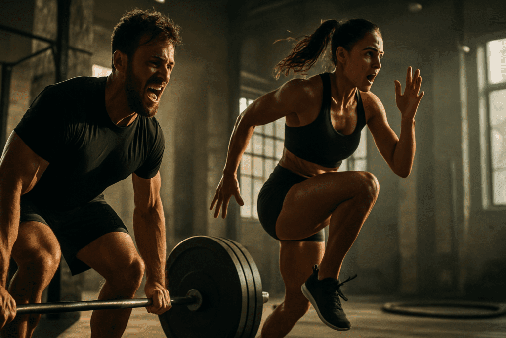 Man lifting heavy weights and woman doing high-intensity interval training in a gym—showcasing how to stop being fat through intense exercise.
