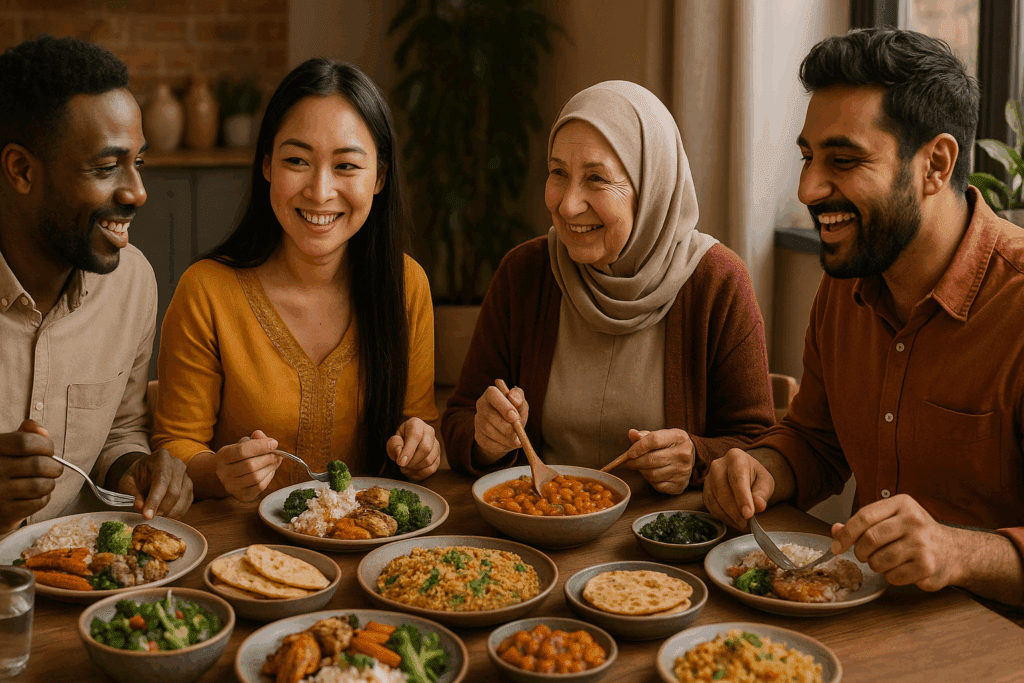 Multicultural friends sharing a traditional dinner at home, promoting connection, healthy habits, and tips on how to stop being fat.