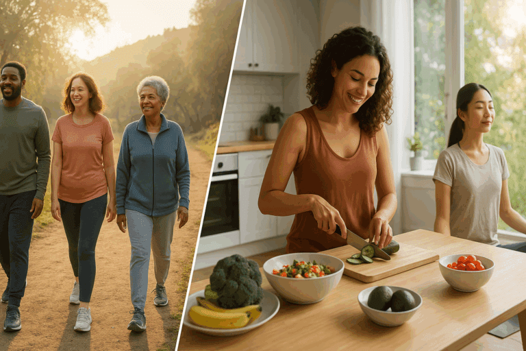 Diverse group practicing healthy habits—walking, cooking vegetables, and meditating outdoors—showing how to stop being fat through lifestyle change.