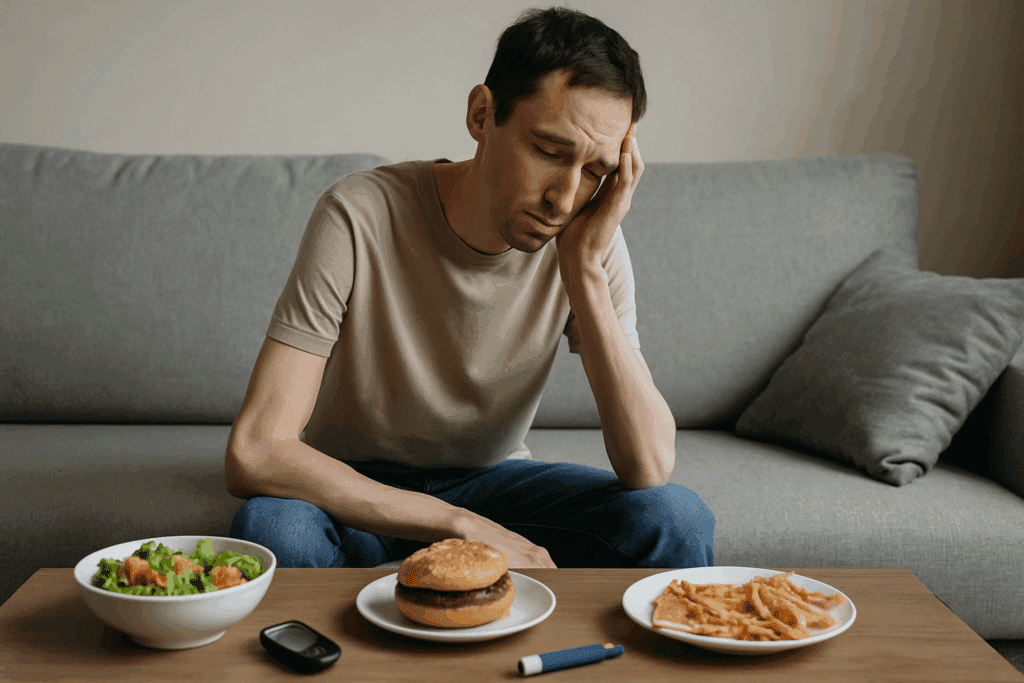 Smart Strategies for Managing Diabetes and Weight Loss: How to Keep Blood Sugar Controlled and Lose Weight Safely 2 Thin man with diabetes experiencing unintentional weight loss, sitting tired on a couch with uneaten food and diabetes supplies nearby, illustrating the link between diabetes and weight loss.