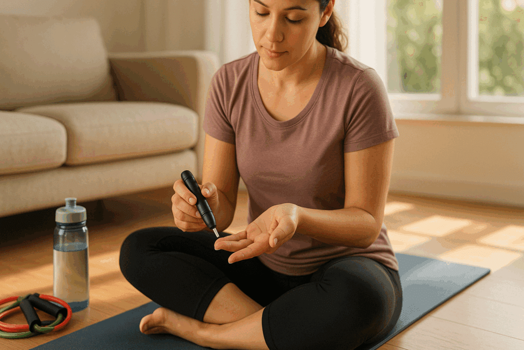 Smart Strategies for Managing Diabetes and Weight Loss: How to Keep Blood Sugar Controlled and Lose Weight Safely 4 Woman in workout clothes checking blood sugar on yoga mat with resistance bands nearby, showing diabetes and weight loss routine at home.