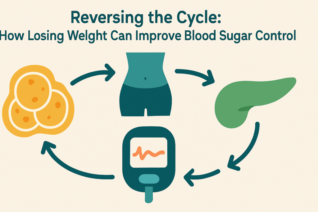 Smart Strategies for Managing Diabetes and Weight Loss: How to Keep Blood Sugar Controlled and Lose Weight Safely 6 Diagram showing the cycle of diabetes and weight loss with icons for fat reduction, insulin sensitivity, glucose control, and fewer health risks