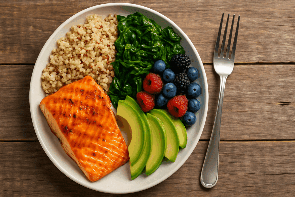 Grilled salmon with quinoa, greens, avocado, and berries on a rustic table—an example of how to stop feeling hungry after eating.