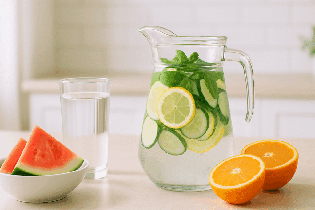 Glass pitcher of lemon, cucumber, and mint water with watermelon and oranges on a counter, illustrating how to stop feeling hungry after eating.