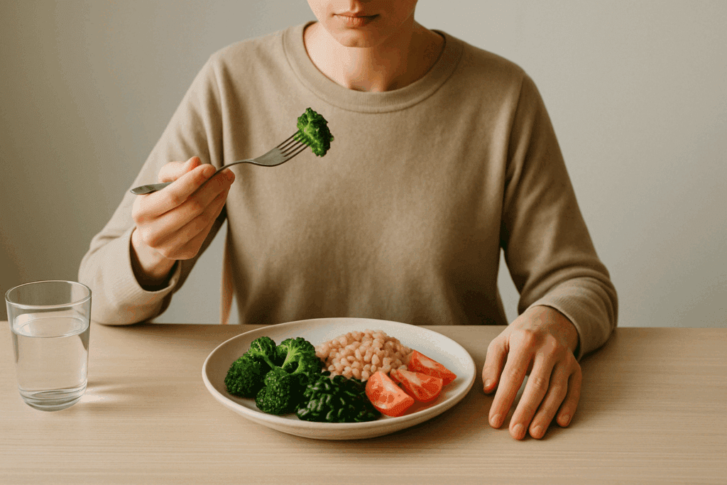 Person practicing mindful eating with a forkful of broccoli mid-air, illustrating how to stop feeling hungry after eating.