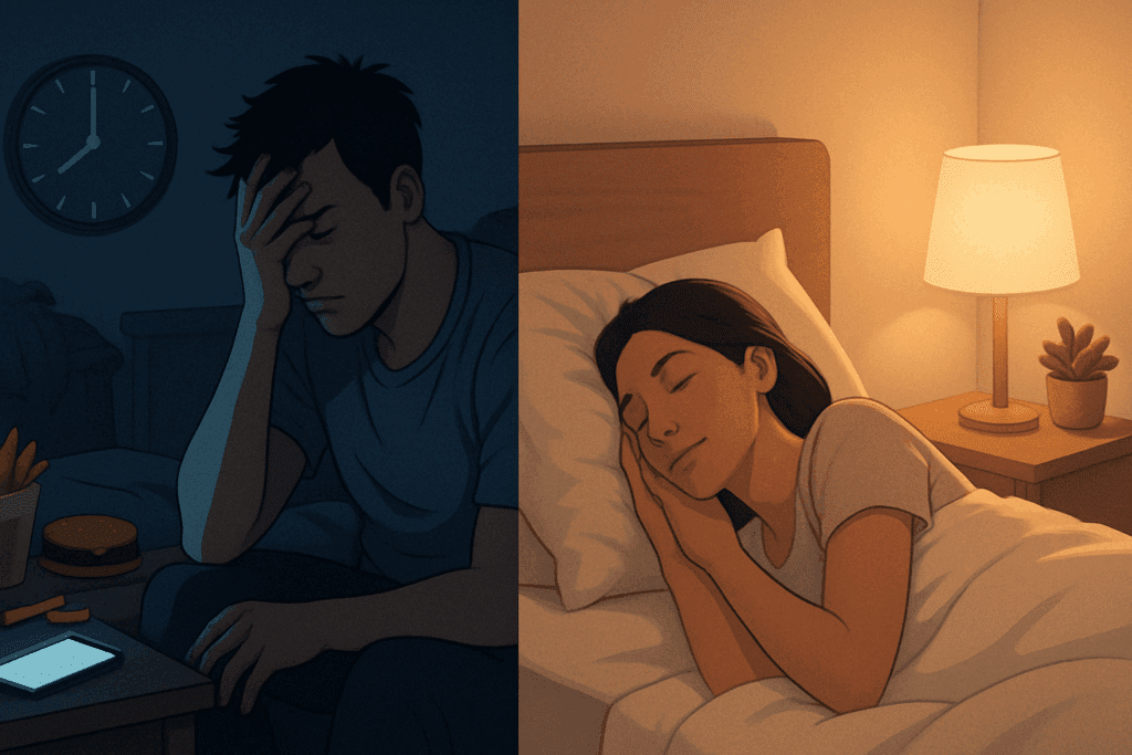 Split-scene showing how to stop feeling hungry after eating—one side with a stressed man awake at 2 AM surrounded by junk food, the other with a peaceful woman sleeping in a tidy bedroom.