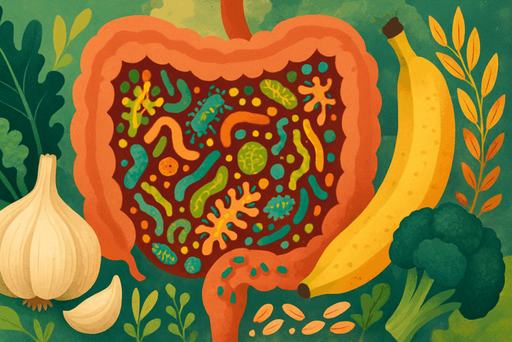 Artistic gut microbiome with healthy bacteria and foods like garlic, oats, and banana illustrating how to stop feeling hungry after eating