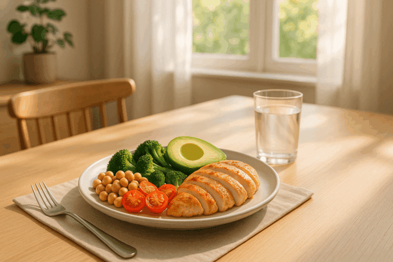 Balanced meal of grilled chicken, avocado, chickpeas, and vegetables on a sunlit kitchen table—ideal for learning how to stop feeling hungry after eating.