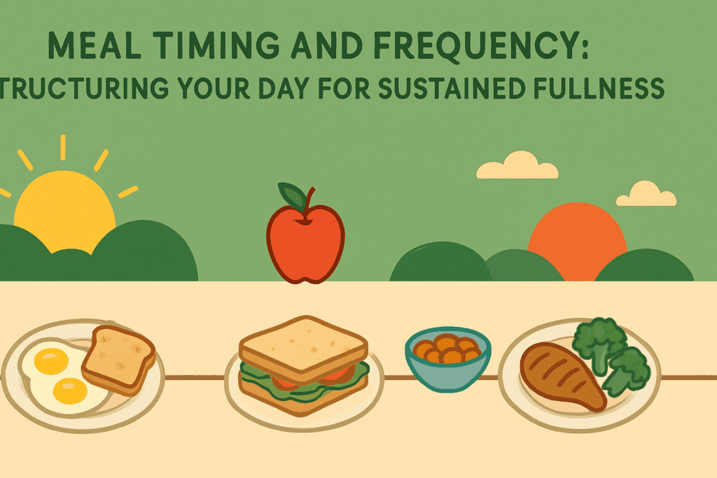 Infographic showing meal timing and snacks to teach how to stop feeling hungry after eating throughout the day