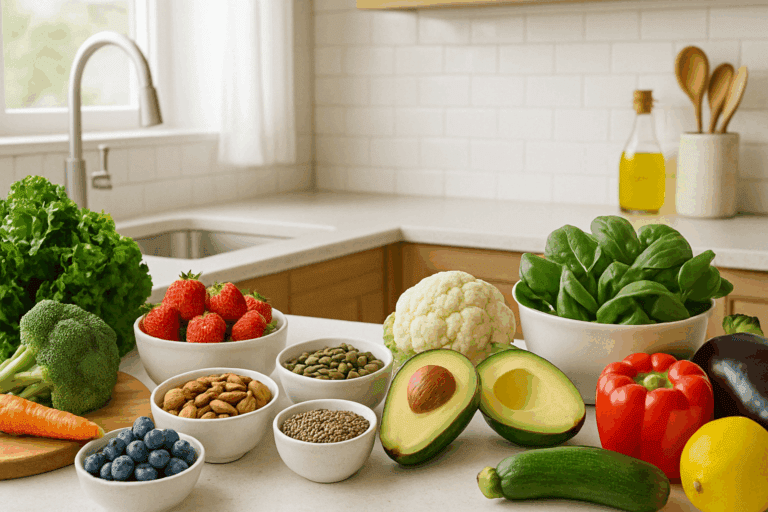 Fresh whole foods on a clean kitchen counter, featuring vegetables, fruits, nuts, and seeds from a no sugar diet food list.
