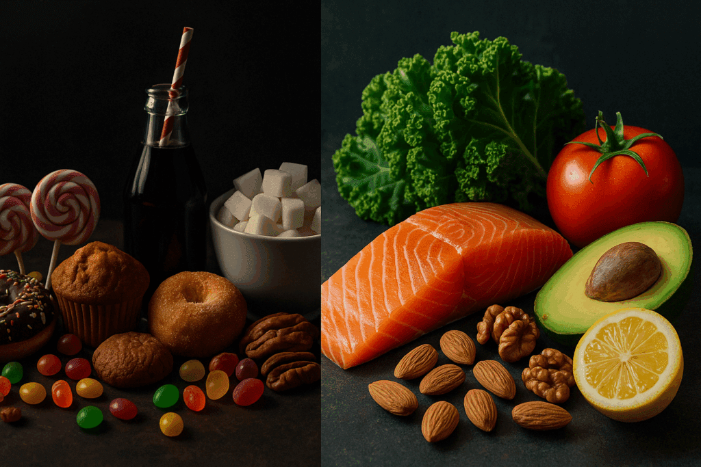 Smart Strategies to Cut Sugar from Your Diet Naturally: A Complete No Sugar Diet Food List to Support Healthier Living 1 Split image showing sugary processed foods like soda and candy contrasted with whole foods like salmon, avocado, and leafy greens to illustrate a no sugar diet food list choice