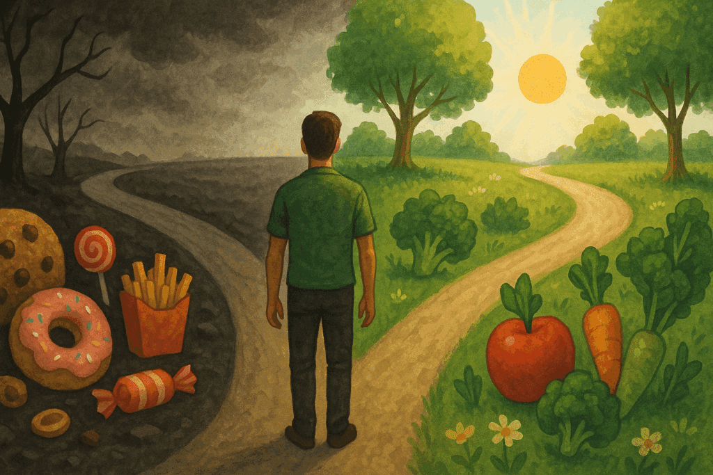 Smart Strategies to Cut Sugar from Your Diet Naturally: A Complete No Sugar Diet Food List to Support Healthier Living 7 Forked path concept art showing a man choosing between junk food and a brighter trail lined with whole foods, symbolizing a no sugar diet food list.