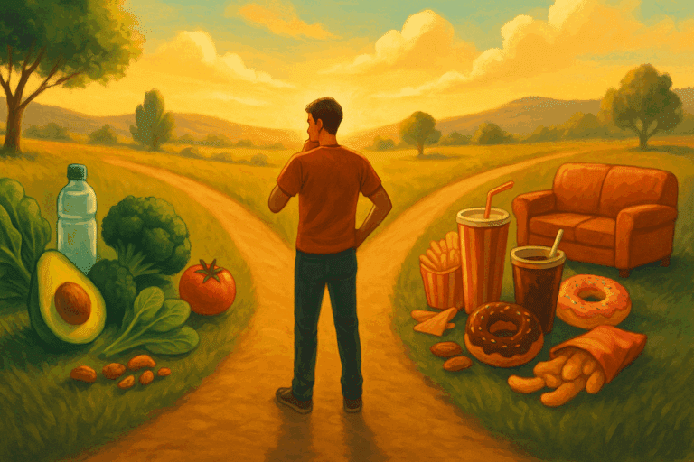 Person standing at a fork in the road choosing between healthy foods and junk food, symbolizing a decision to lower insulin naturally.