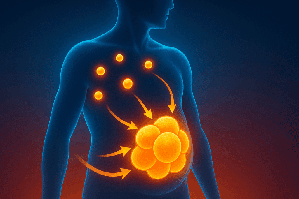 Visual concept of how insulin interacts with fat cells in the body’s midsection, illustrating how metabolic pathways store fat and the need to lower insulin.