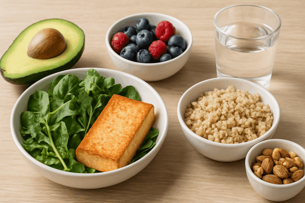 Wholesome meal with tofu, leafy greens, quinoa, avocado, berries, and nuts designed to help lower insulin naturally.