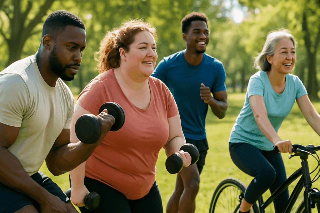 Diverse group of people exercising outdoors to support fitness and lower insulin naturally