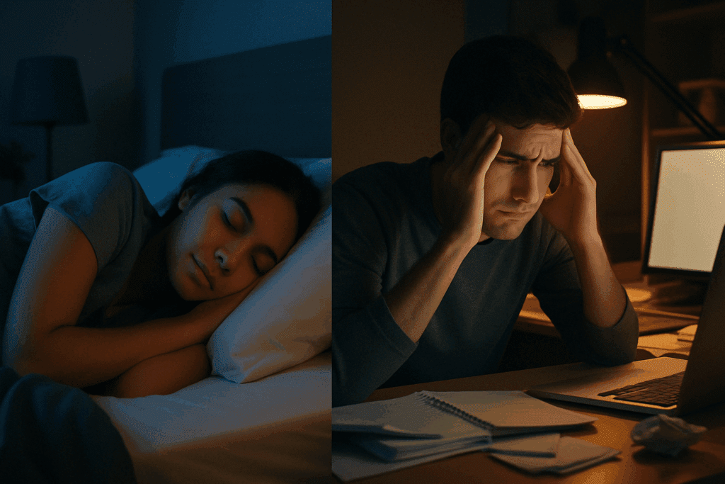 Split-screen showing peaceful sleep and workplace stress, illustrating lifestyle impacts that raise or lower insulin