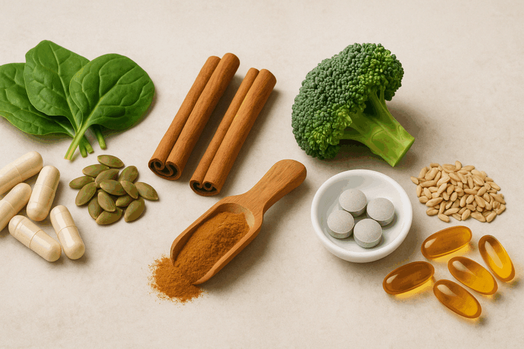 Supplements and whole foods that may help lower insulin, including magnesium capsules with spinach and pumpkin seeds, cinnamon sticks with powder, chromium tablets with broccoli, and alpha-lipoic acid soft gels