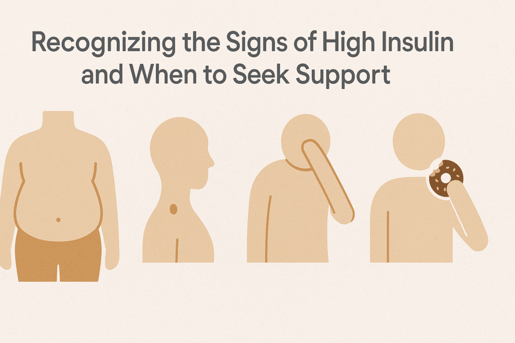 Visual diagram showing physical signs linked to high insulin levels, such as belly fat and fatigue, used to explain how to lower insulin