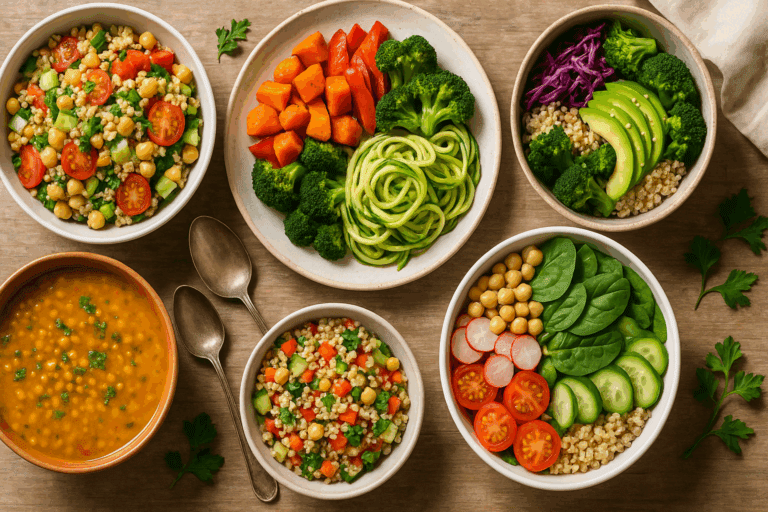 Colorful overhead view of vegetarian low calorie meals including lentil soup, quinoa salad, spiralized zucchini, and roasted vegetables on a rustic wooden table.