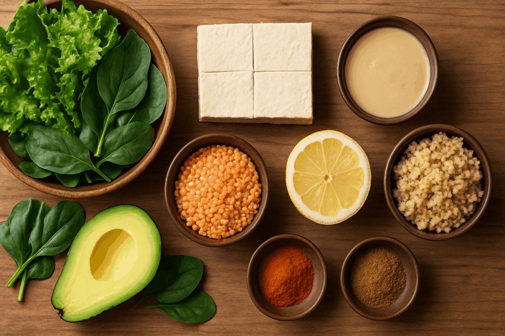 Smart Vegetarian Low Calorie Meals: Easy, Expert-Backed Recipes for Nutritious Living 2 Flat lay of ingredients for vegetarian low calorie meals including tofu, leafy greens, avocado, lentils, quinoa, lemon, tahini, and spices on a wooden surface