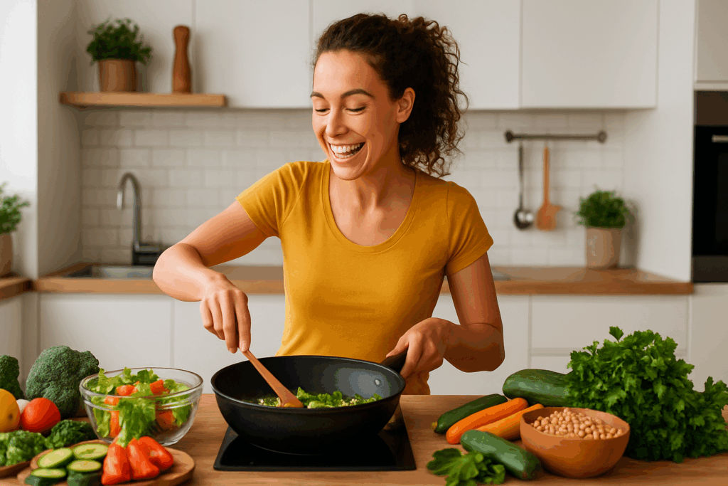 Smart Vegetarian Low Calorie Meals: Easy, Expert-Backed Recipes for Nutritious Living 3 Joyful woman cooking vegetarian low calorie meals in a modern kitchen with fresh vegetables, grains, and herbs.