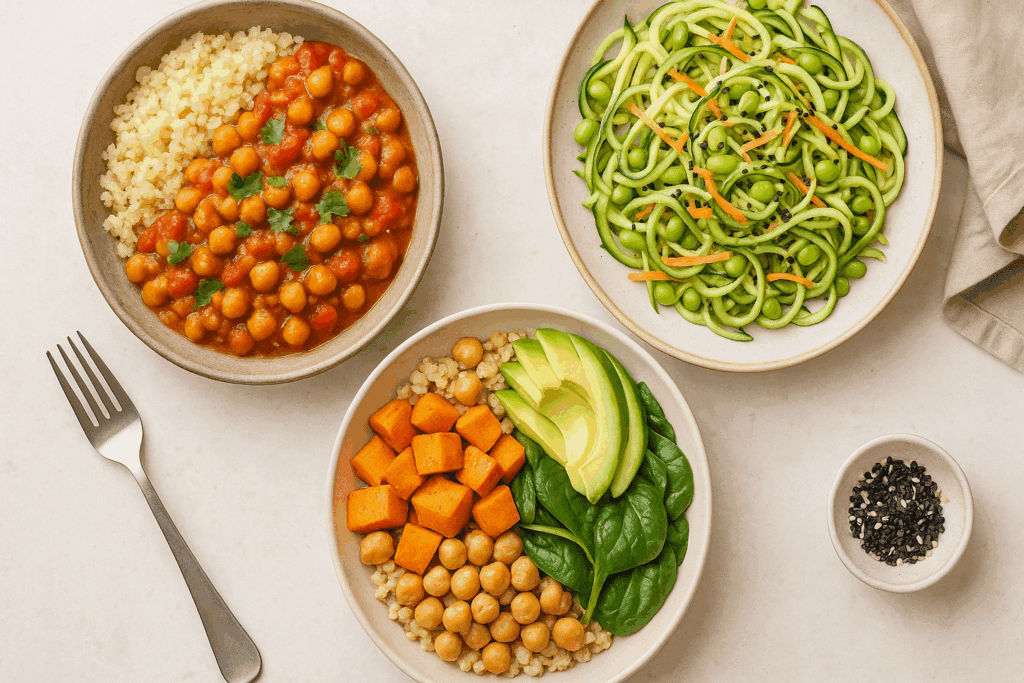Smart Vegetarian Low Calorie Meals: Easy, Expert-Backed Recipes for Nutritious Living 4 Three colorful vegetarian low calorie meals on ceramic plates, featuring Moroccan chickpea stew, sweet potato grain bowl, and zucchini noodle salad.