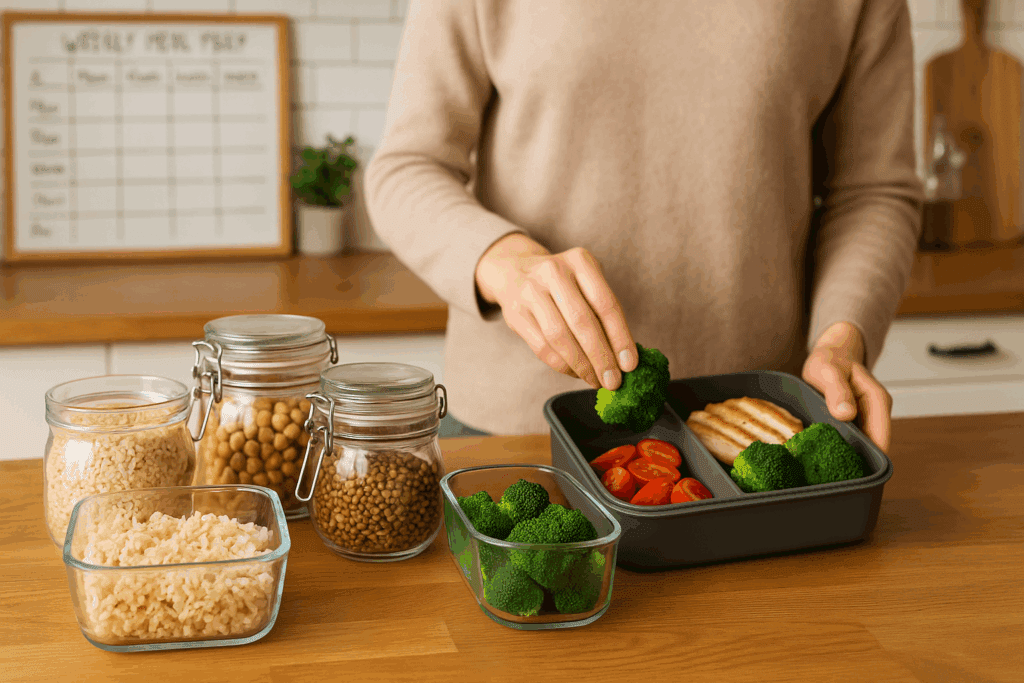 Smart Vegetarian Low Calorie Meals: Easy, Expert-Backed Recipes for Nutritious Living 5 Person packing lunchbox with broccoli, tomatoes, and grains for vegetarian low calorie meals in a cozy kitchen with prepped ingredients in glass jars.