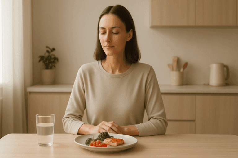 Woman sitting peacefully at a minimalist kitchen table with a balanced meal, representing how to control food cravings through mindful eating.