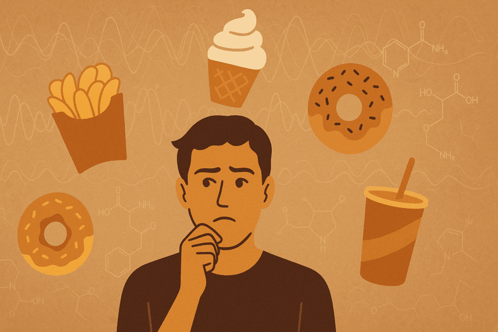 Smart Ways to Control Food Cravings: How to Stop Eating When Not Hungry and Build Better Habits Naturally 1 Person surrounded by tempting junk food icons like chips, donuts, and ice cream, illustrating how to control food cravings through mindful choices.