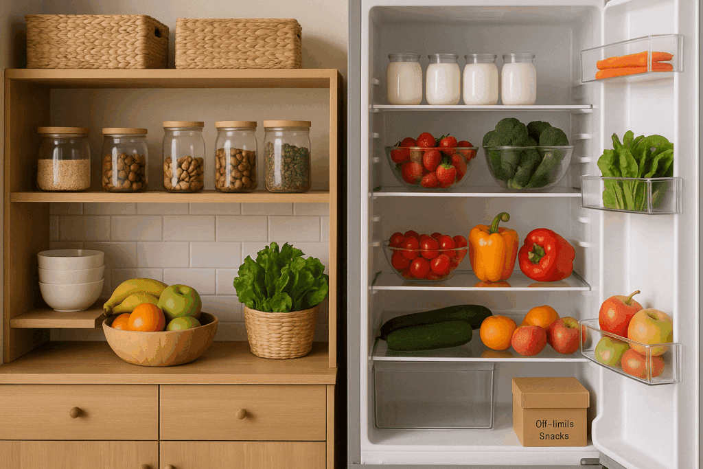 Smart Ways to Control Food Cravings: How to Stop Eating When Not Hungry and Build Better Habits Naturally 4 Organized kitchen with healthy foods like fruits, veggies, and yogurt showing how to control food cravings through smart pantry design.