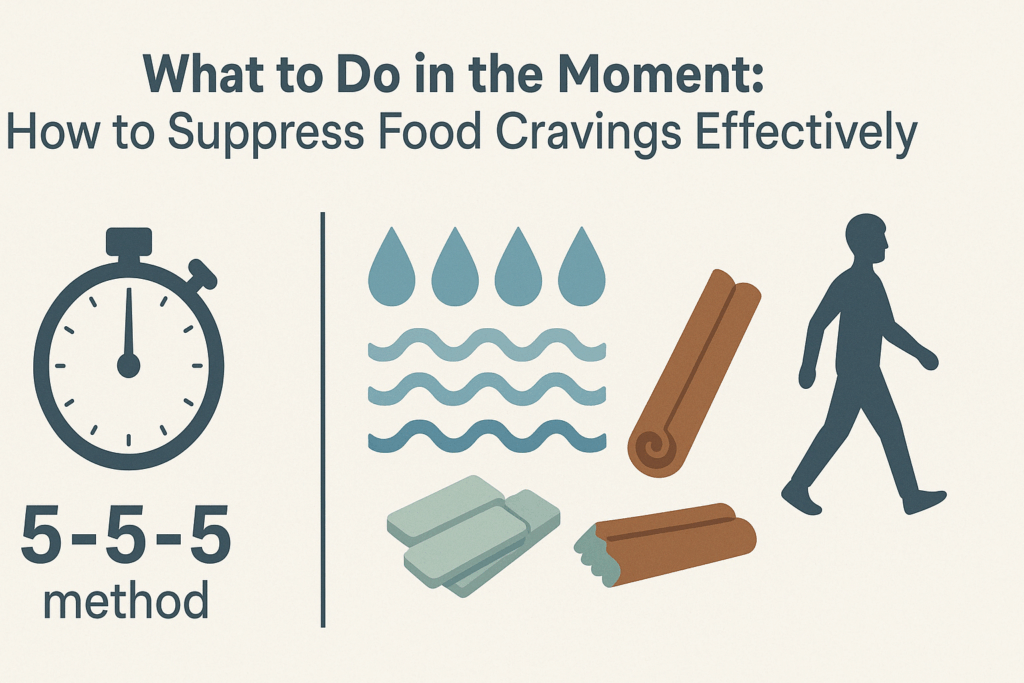 Smart Ways to Control Food Cravings: How to Stop Eating When Not Hungry and Build Better Habits Naturally 6 Infographic diagram showing the 5-5-5 method with icons for how to control food cravings using time, water, deep breathing, gum, cinnamon, and walking