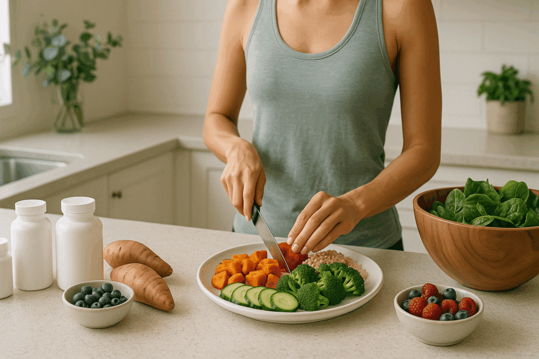 Health-conscious woman preparing whole food meal at home with fresh produce and supplements to help with sugar cravings on the kitchen counter