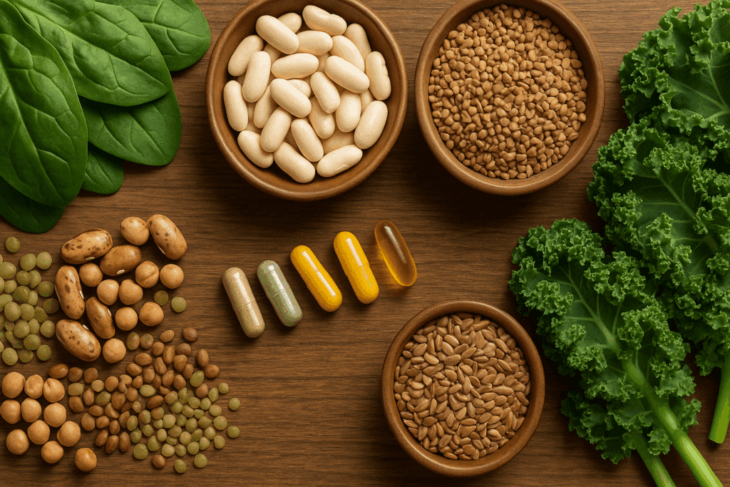 Natural supplements to help with sugar cravings surrounded by leafy greens, legumes, seeds, and whole grains on a wooden table.