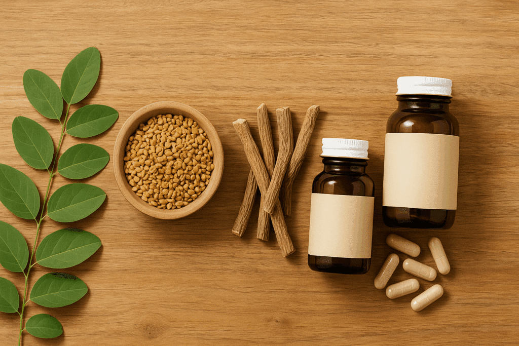 Herbal supplements to help with sugar cravings, including gymnema leaves, fenugreek seeds, and licorice root on a wooden surface.