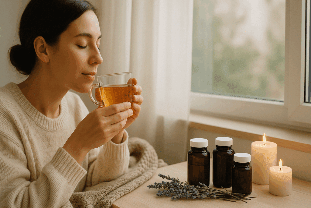 Relaxed woman sipping herbal tea by a window, surrounded by supplements to help with sugar cravings, lavender, and candles.