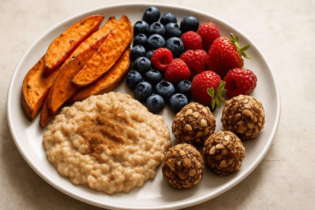 Colorful plate of whole-food snacks like roasted sweet potatoes, berries, cinnamon oatmeal, and date-nut bites—natural alternatives to supplements to help with sugar cravings.