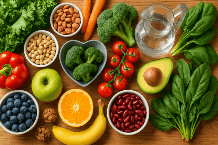 Top-down view of whole, unprocessed foods like fruits, vegetables, leafy greens, nuts, and legumes on a wooden table, illustrating how to reduce sugar intake with a natural, balanced diet.