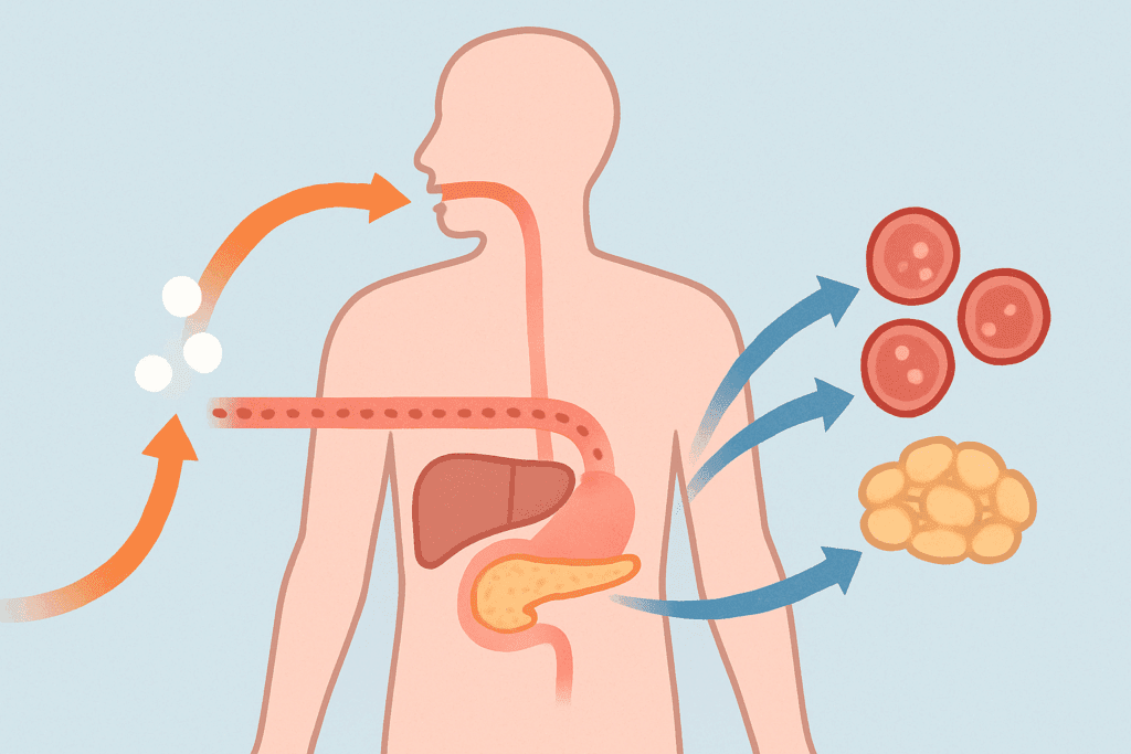 Diagram showing how sugar enters the bloodstream, insulin is released from the pancreas, and glucose is absorbed or stored as fat—illustrating how to reduce sugar intake by understanding metabolism.