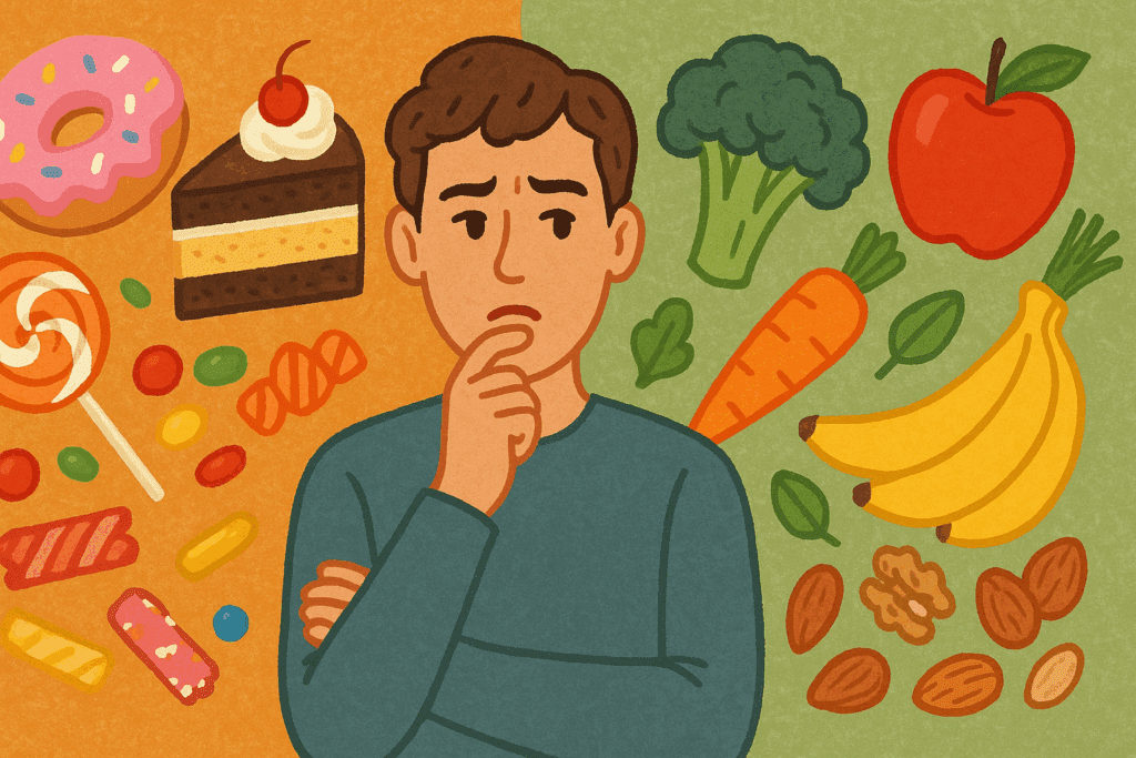 Conflicted person choosing between sugary treats and healthy whole foods, symbolizing how to reduce sugar intake.