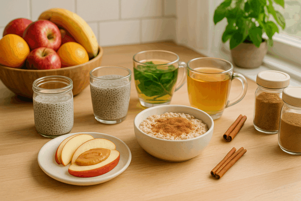 Healthy kitchen meal prep showing chia pudding, cinnamon oats, and fruit snacks as examples of how to reduce sugar intake.
