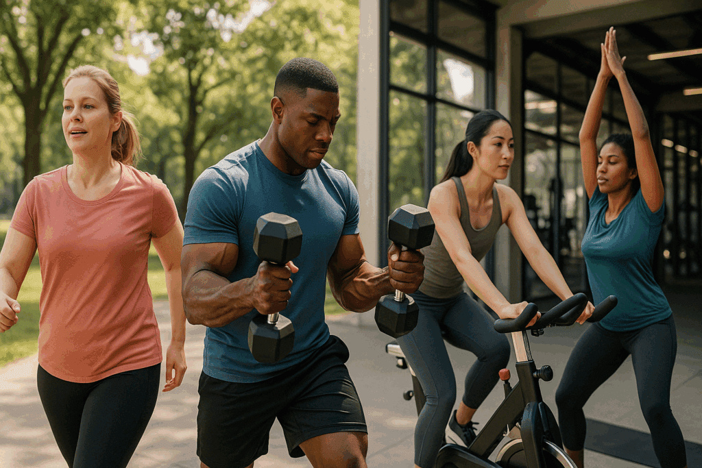 Diverse group exercising outdoors in a park and gym setting, showing how to reduce sugar intake through movement like walking, weightlifting, cycling, and yoga.