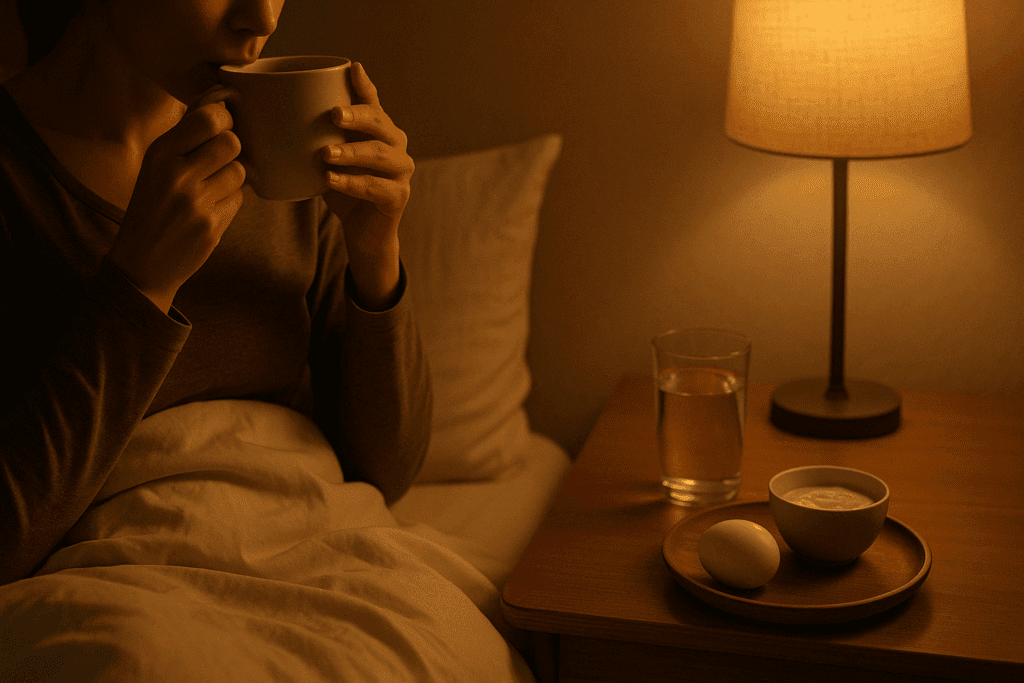 Woman sipping herbal tea in bed with a boiled egg, yogurt, and water on the nightstand, illustrating how to reduce sugar intake with a calming nighttime routine.