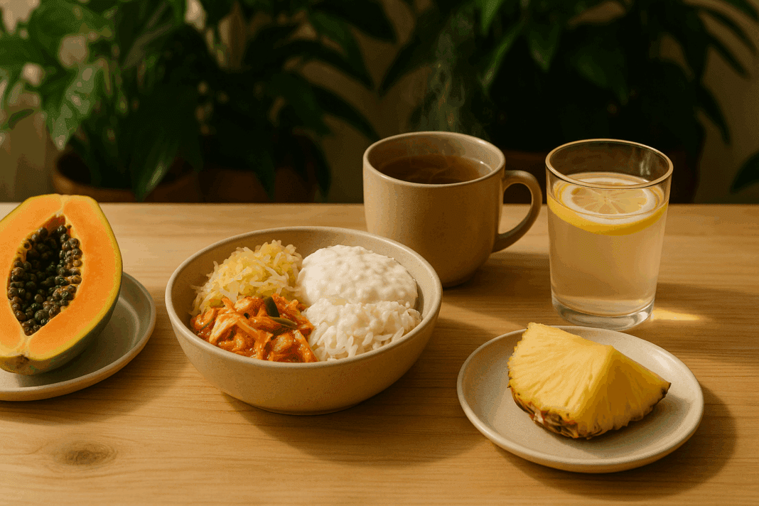 Healthy digestion foods like kimchi, kefir, papaya, pineapple, and herbal tea support gut health and show how to digest faster naturally.