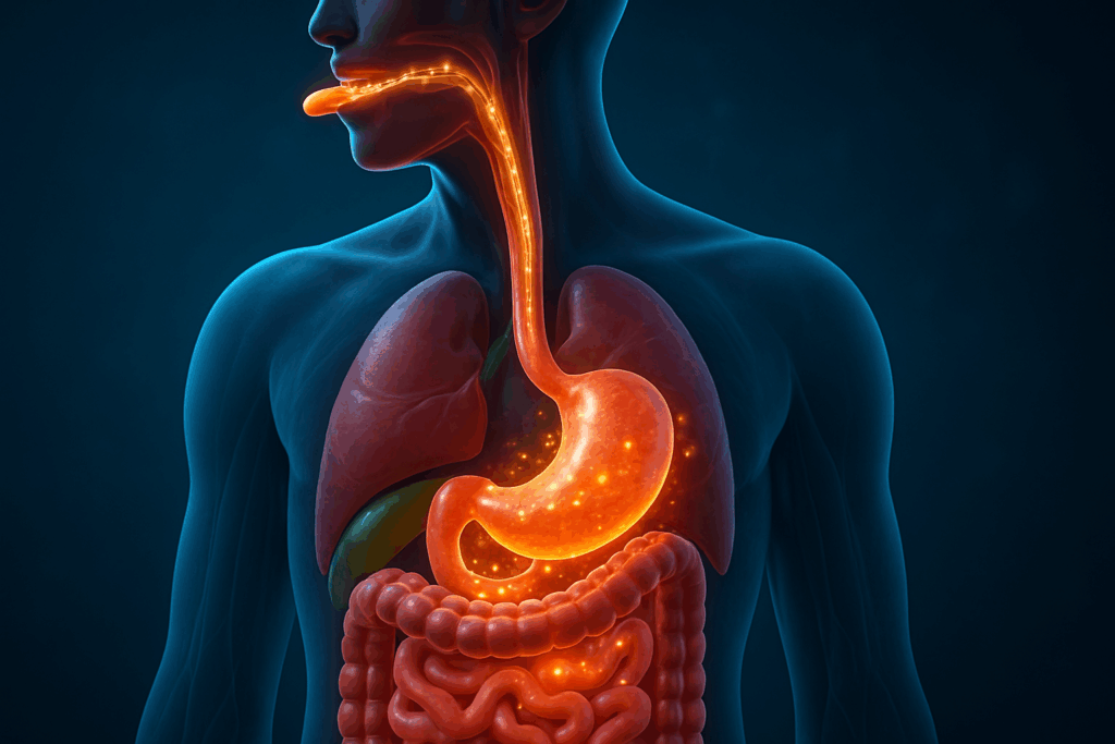 3D anatomical illustration showing how to digest faster with food glowing as it travels through the mouth, stomach, and intestines