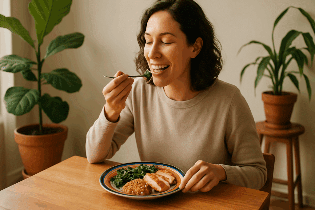 Woman smiling while eating a balanced whole food meal at a sunlit table, practicing mindful eating to learn how to digest faster