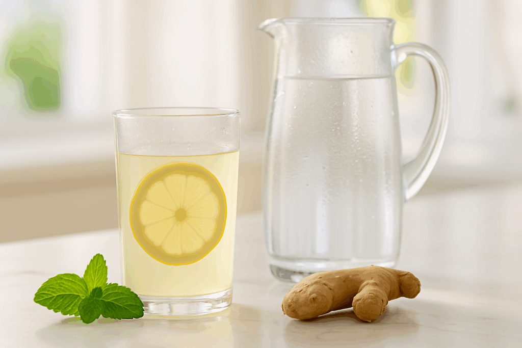 Glass of warm lemon water with mint leaves and ginger on a sunny kitchen counter, illustrating how to digest faster through hydration.