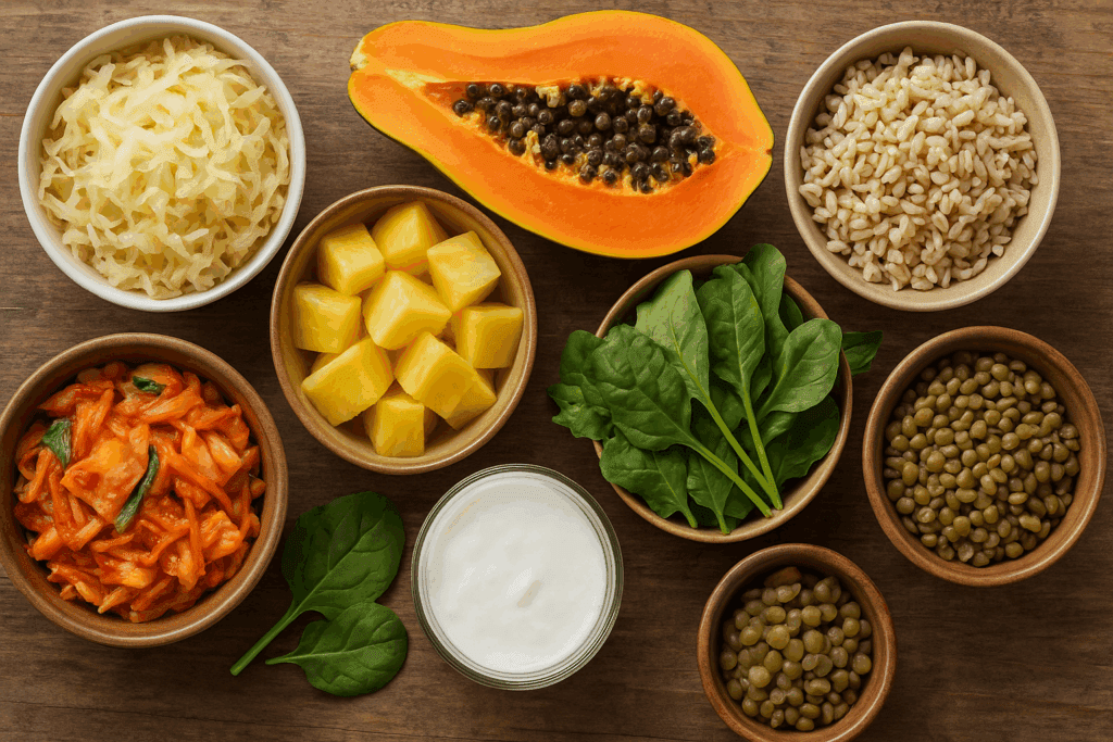 Rustic table with sauerkraut, kimchi, papaya, pineapple, leafy greens, kefir, lentils, and whole grains—foods that show how to digest faster naturally.