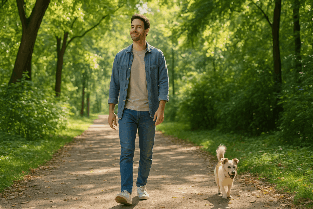 Man walking slowly through a sunlit leafy park with a dog after eating, illustrating how to digest faster naturally.
