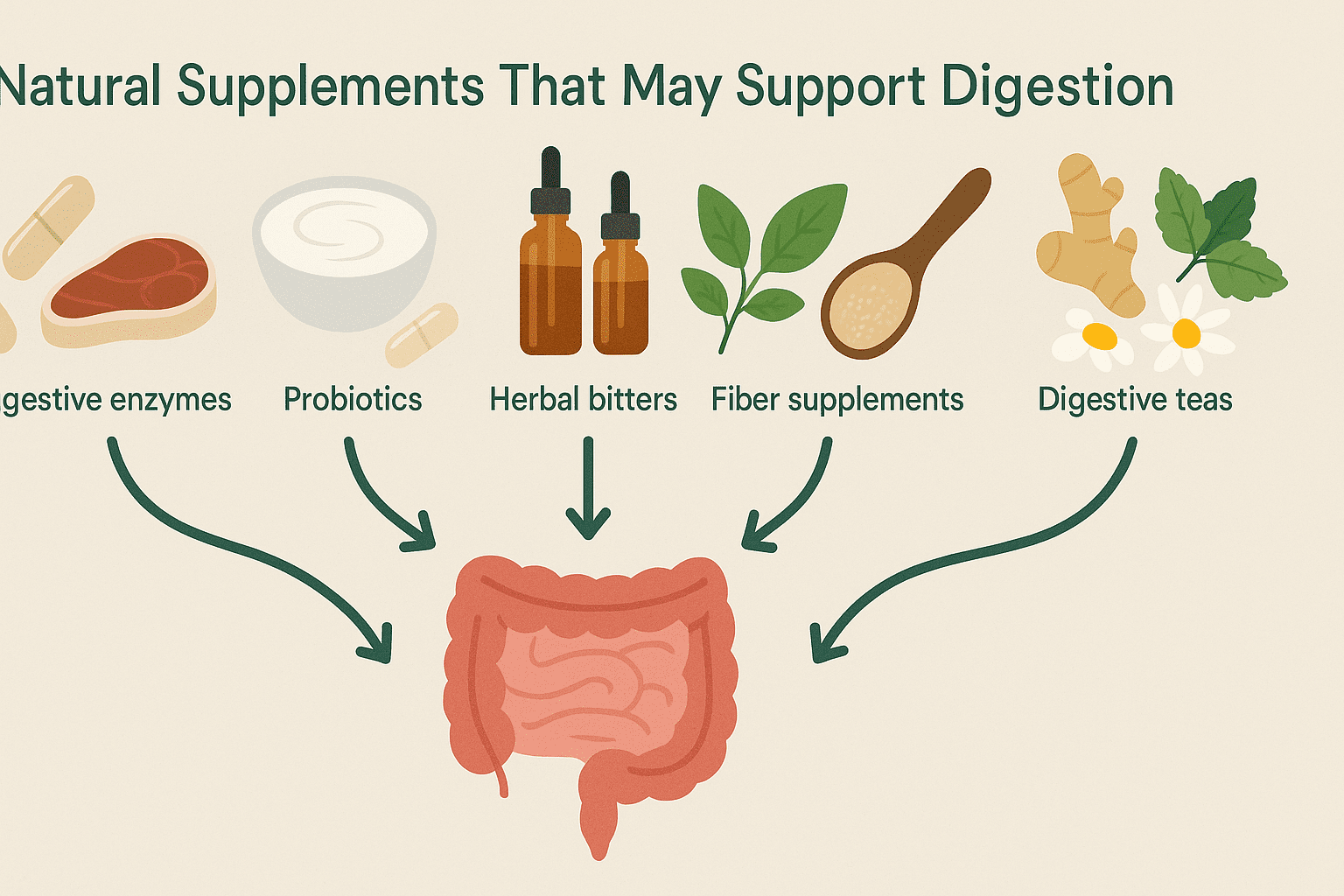 Flat-lay infographic showing natural supplements like enzymes, probiotics, fiber, and herbal teas with arrows pointing to a gut illustration, supporting how to digest faster.